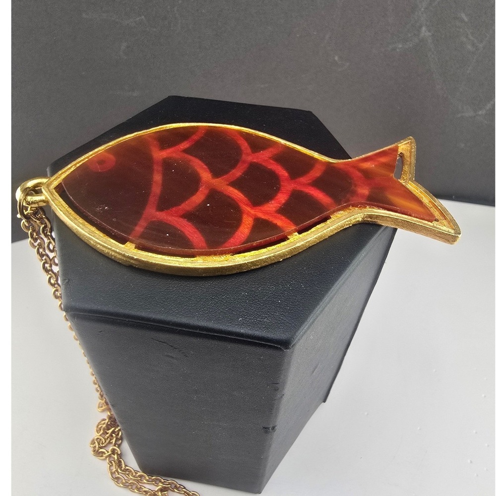 Vintage Estate Fish Pendant Necklace Red Gold Tone Textured Large 24 In